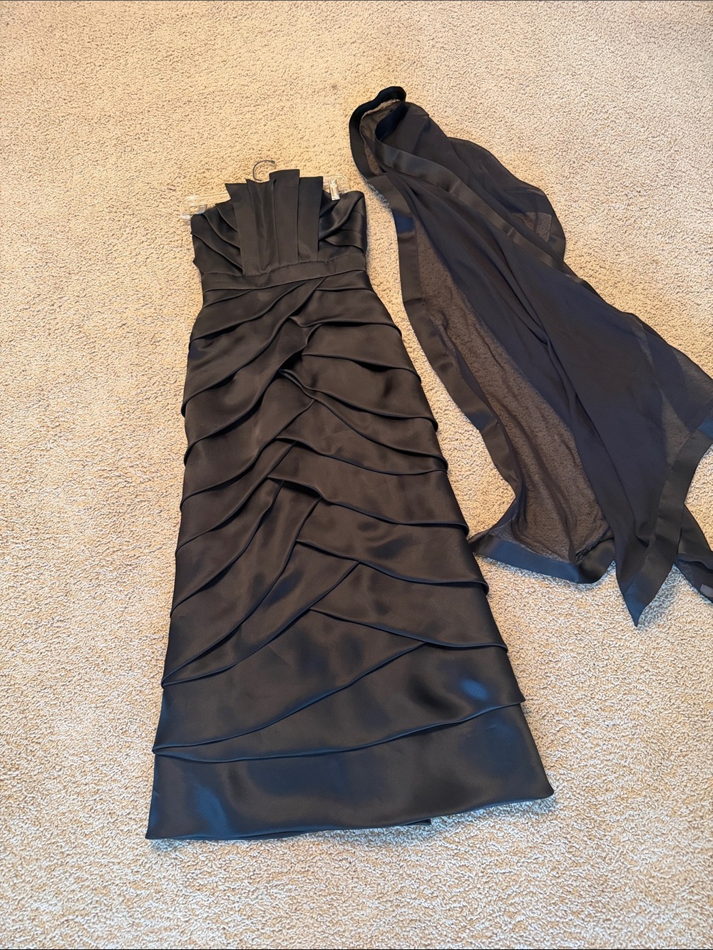 Badgley Mischka Black Strapless Ruched Evening Gown with Sheer Shawl